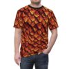 Fiery red and golden dragon scales cover this patterned tee shirt with a bold, all-over design.