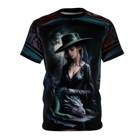Dark blues, greens, and reds with intricate patterns cover this full print shirt, depicting a woman in a hat with a dragon.