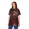 Red and metallic grey dragon scales cover this sublimation graphic tee, showcasing a fantasy-inspired texture.
