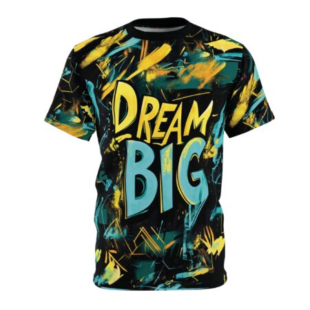 Black, yellow, and teal abstract brushstrokes and geometric lines cover this 3D graphic t-shirt, featuring bold "DREAM BIG" text.