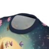Pink flowers, orange and pink butterflies, and a large yellow circle cover this 3D graphic t-shirt, with a dark starry sky background.