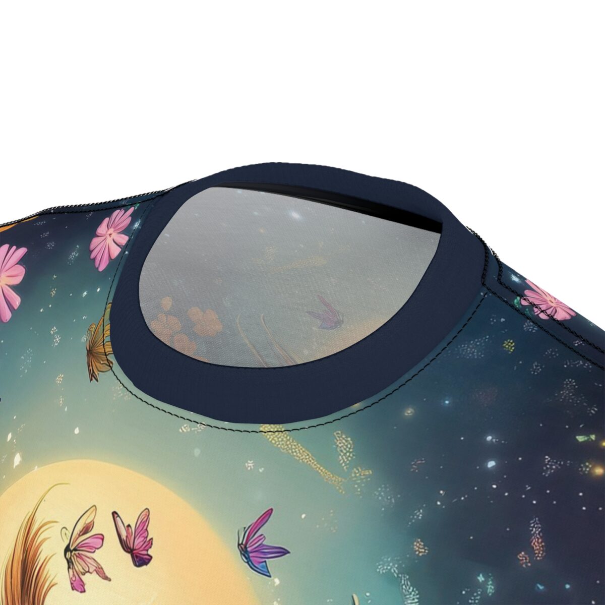 Pink flowers, orange and pink butterflies, and a large yellow circle cover this 3D graphic t-shirt, with a dark starry sky background.