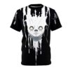 White melting paint drips down over a creepy, wide-eyed mask on this black tee.