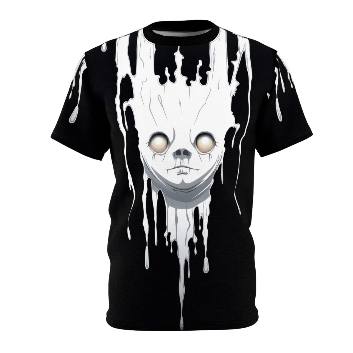 White melting paint drips down over a creepy, wide-eyed mask on this black tee.