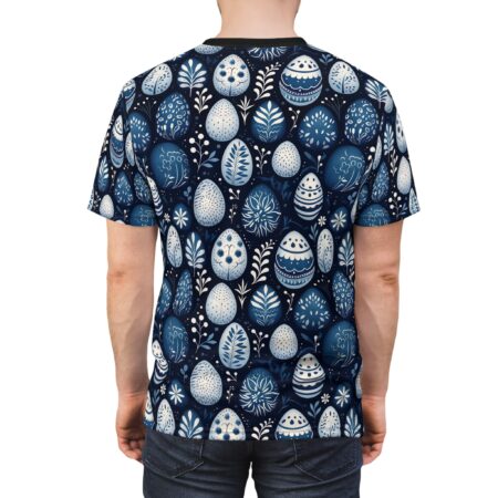 Blue and white Easter egg all over print sublimation tee with a seamless floral pattern, suitable for streetwear aesthetic.
