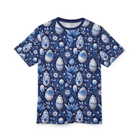 Blue and white floral patterns cover this 3D graphic t-shirt, with Easter eggs and blooming flowers.