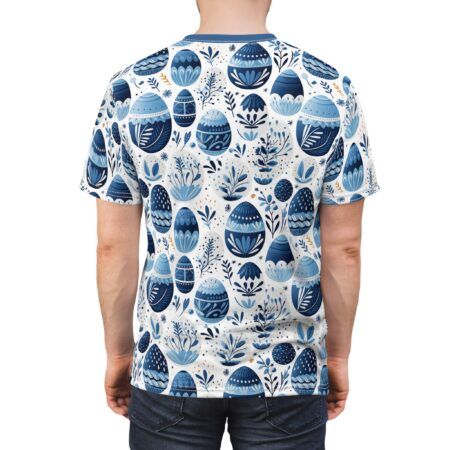 Blue and white floral Easter eggs and abstract plant shapes cover this all over print t-shirt.