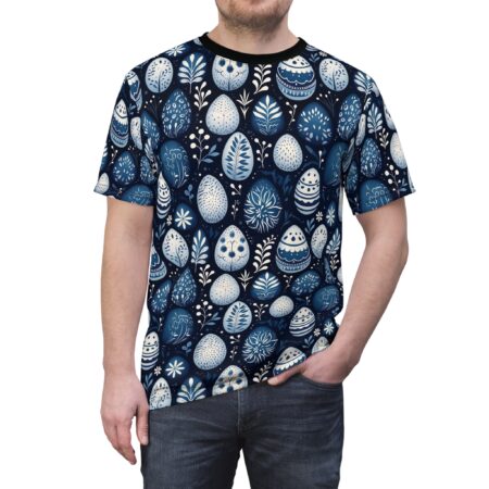 Blue and white floral patterns and Easter eggs cover this 3D graphic t-shirt, set against a dark blue background.
