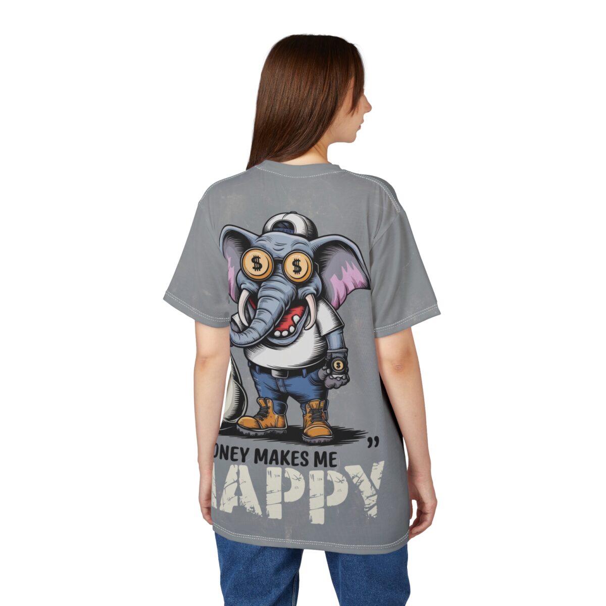 Grey sublimation tee, cartoon elephant graphic, dollar sign glasses, cap, blue jeans, white shirt, brown boots, 'MONEY MAKES ME HAPPY' text, contrast stitching.