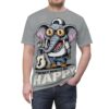 Grey sublimation tee, distressed textured background, cartoon elephant graphic, dollar sign glasses, money bag, 'Money Makes Me Happy' text.