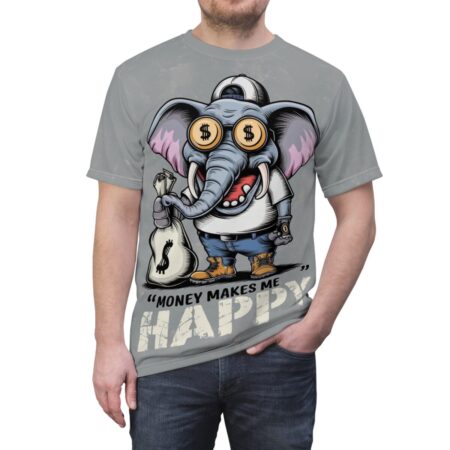 Grey sublimation tee, distressed textured background, cartoon elephant graphic, dollar sign glasses, money bag, 'Money Makes Me Happy' text.