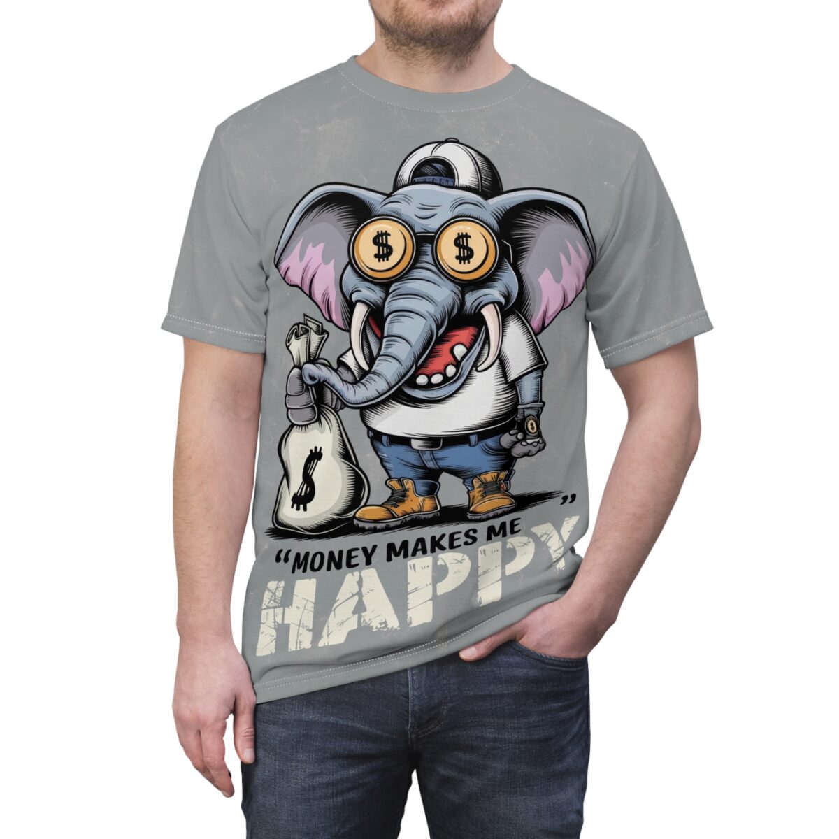 Grey sublimation tee, distressed textured background, cartoon elephant graphic, dollar sign glasses, money bag, 'Money Makes Me Happy' text.