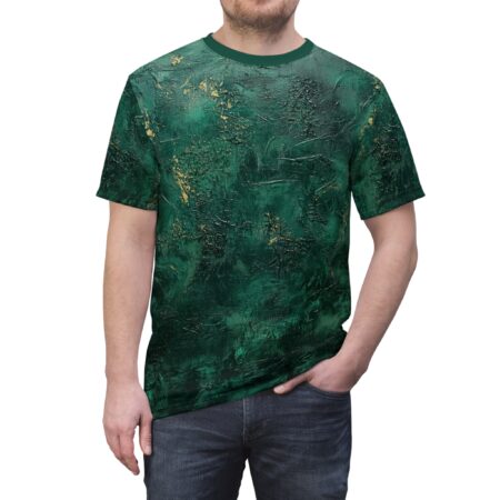 Deep emerald green with textured, distressed brushstrokes and gold metallic accents cover this 3D graphic t-shirt, with a painterly, abstract design.