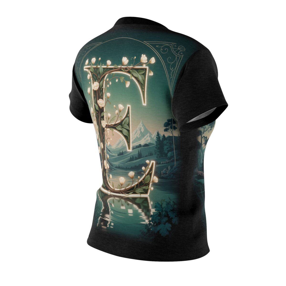 All over print sublimation tee featuring an enchanted letter E with floral vines set against a serene mountain landscape graphic.