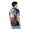 Vibrant mushrooms, a majestic owl with a floral crown, and a moonlit sky cover this all over print apparel, set in a whimsical forest.