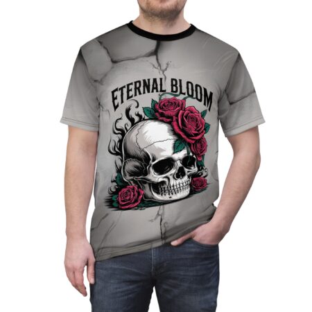 Cracked grey texture and dark floral patterns cover this 3D graphic t-shirt, with a skull and red roses design.
