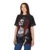 Black all over print sublimation tee, smiling evil clown graphic, red braids, white face, bloodshot eyes, silver crown, ornate necklace, dark aesthetic.
