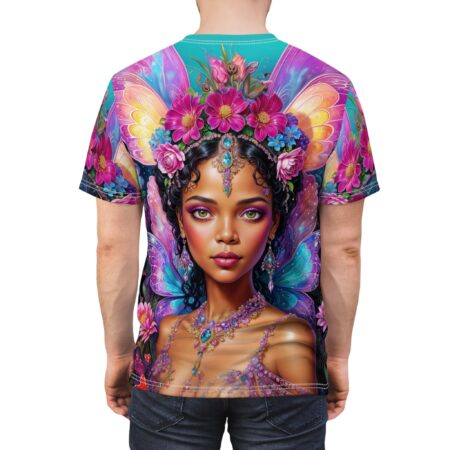 Vibrant pinks, purples, and blues cover this oversized full print tee, depicting a mystical fairy adorned with flowers and jewels.