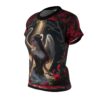 All over print tee, dark background, angel figure, wings, corseted top, flowing skirt, red roses, rose petals, crepuscular rays, nature scene, gothic aesthetic