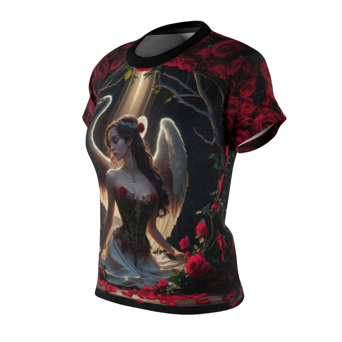 All over print tee, dark background, angel figure, wings, corseted top, flowing skirt, red roses, rose petals, crepuscular rays, nature scene, gothic aesthetic