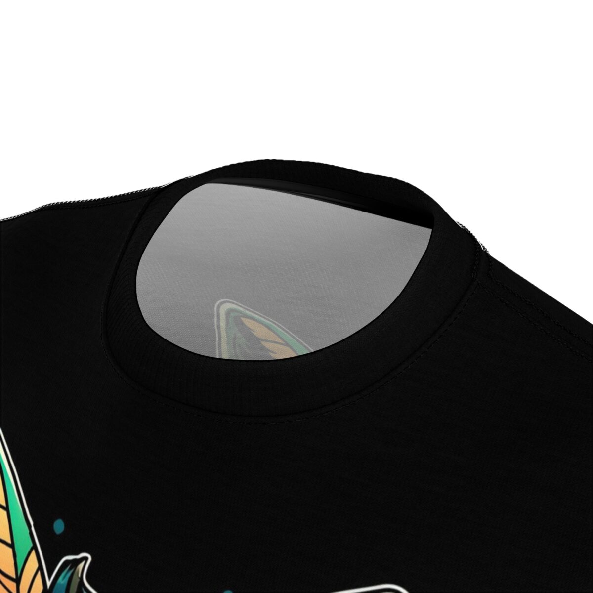 Black fabric with a graphic design of a wolf's head in vibrant green and yellow tones, featuring tribal patterns.