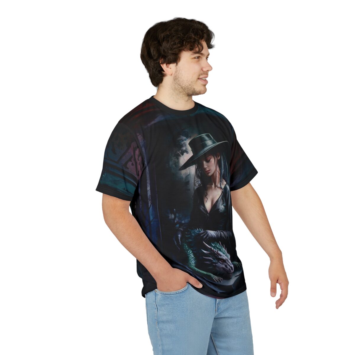 Fantasy dragon and gothic witch all over print sublimation tee, featuring dark aesthetic and vintage pattern wrap around graphic.