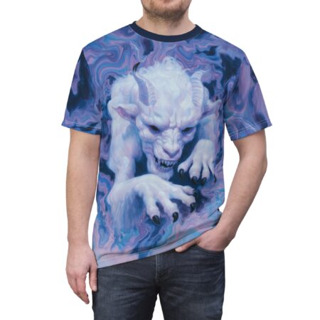 White fantasy monster all over print sublimation tee with blue psychedelic swirl background graphic.