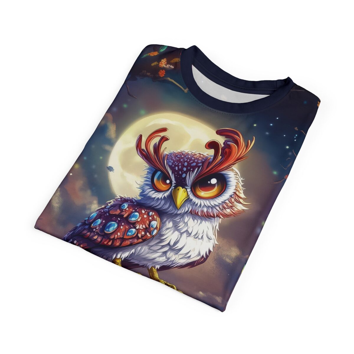 A vibrant, stylized owl with ornate feathers and large eyes on a folded t-shirt, against a full moon and starry night sky.