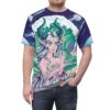 Fantasy Capricorn woman with horns and flowing hair, cosmic ocean wave graphic sublimation tee for women and men.