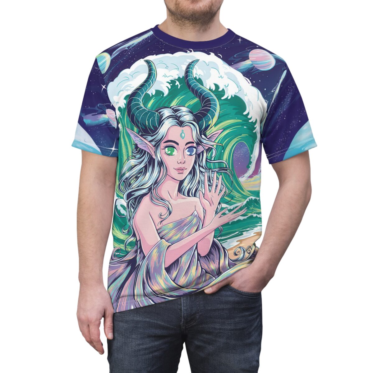 Fantasy Capricorn woman with horns and flowing hair, cosmic ocean wave graphic sublimation tee for women and men.
