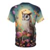 Whimsical mushrooms, flowers, and butterflies cover this graphic streetwear tee, depicting a wise owl perched under a glowing moon.