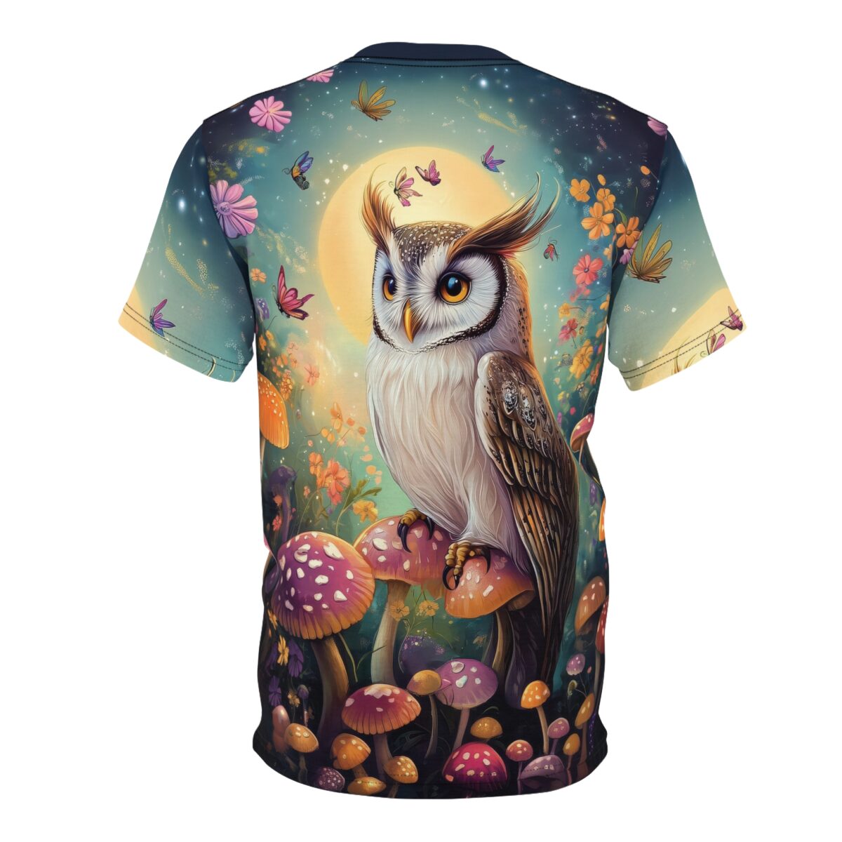Whimsical mushrooms, flowers, and butterflies cover this graphic streetwear tee, depicting a wise owl perched under a glowing moon.