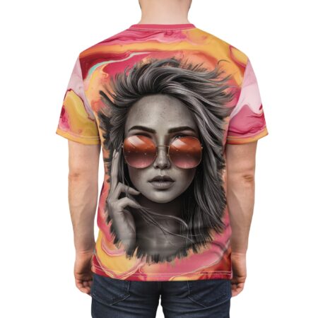 Swirls of pink, yellow, and orange abstract paint cover this 3D graphic t-shirt, featuring a grayscale portrait of a woman with sunglasses.