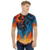 Fiery orange and cool blue flames intertwine across this all over print apparel, with a dark, jagged landscape at the bottom.