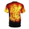 Fiery all over print sublimation tee featuring vibrant red and yellow flames with a dark, cracked texture base.