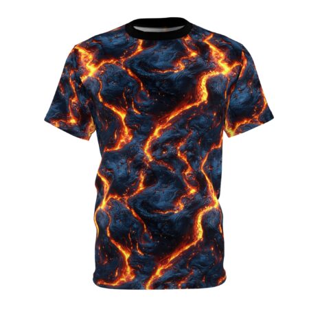 A t-shirt with a detailed pattern resembling molten lava with dark blue textures and bright orange glowing cracks.