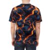 Back view of a person wearing a t-shirt with a vibrant, cracked lava and molten rock design in red, orange, and dark blue.