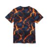 A t-shirt with a realistic all-over print of molten lava in shades of black, blue, and glowing orange.