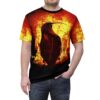 Fiery phoenix graphic sublimation tee, all over print design featuring intense flames and a silhouette of a phoenix.