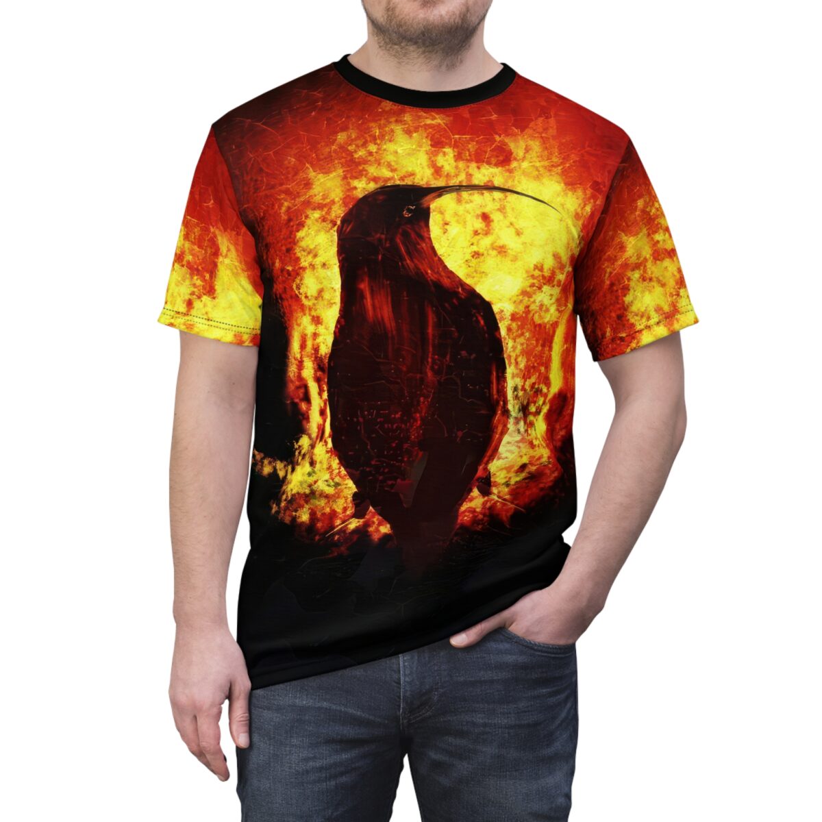 Fiery phoenix graphic sublimation tee, all over print design featuring intense flames and a silhouette of a phoenix.