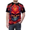 Streetwear aesthetic fiery skull sublimation tee with a vibrant red, orange, and blue all over print graphic and flames.