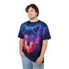 Fiery blues, purples, and reds swirl around a majestic wolf's face on this graphic streetwear tee.