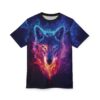 Blue and purple t-shirt with a vibrant wolf graphic appearing to be made of fire and smoke.