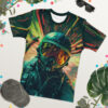 Streaks of neon green, yellow, red, and orange cover this patterned tee shirt, depicting a fighter pilot in a helmet and flight suit with a dynamic, high-speed background.