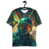 Blurry red and yellow streaks and a dark green fighter pilot helmet cover this graphic streetwear tee, showing a close-up of the pilot's gear.