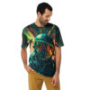 Dark green, red, and yellow streaks cover this all over print apparel, depicting a fighter pilot's helmet and flight suit against a dynamic, fiery background.