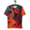 Vibrant reds, oranges, and blues swirl in fiery and icy patterns across this 3D graphic t-shirt, depicting abstract elemental forces.