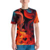 Fiery oranges, reds, and cool blues in abstract, swirling patterns cover this full print shirt, evoking the intense clash of fire and ice.