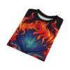All over print sublimation tee with abstract fiery blue and red design, featuring flames and dark elements.