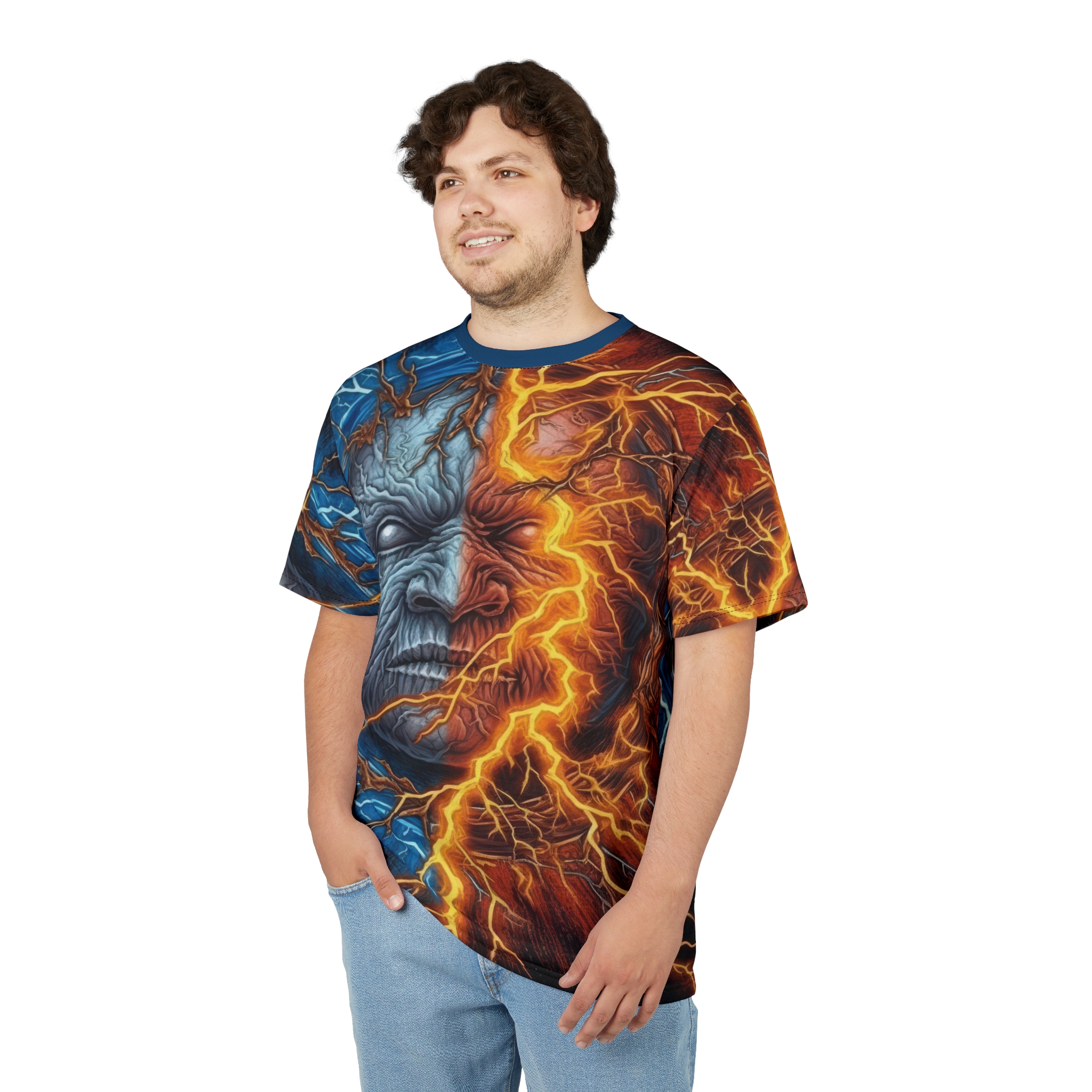 Icy blue and fiery orange crackling patterns cover this all over print apparel, depicting a split face of an elemental being with a textured, weathered appearance.